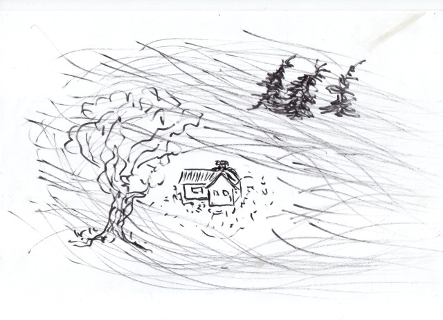 My house in the night. It is wind and rain outdoors.